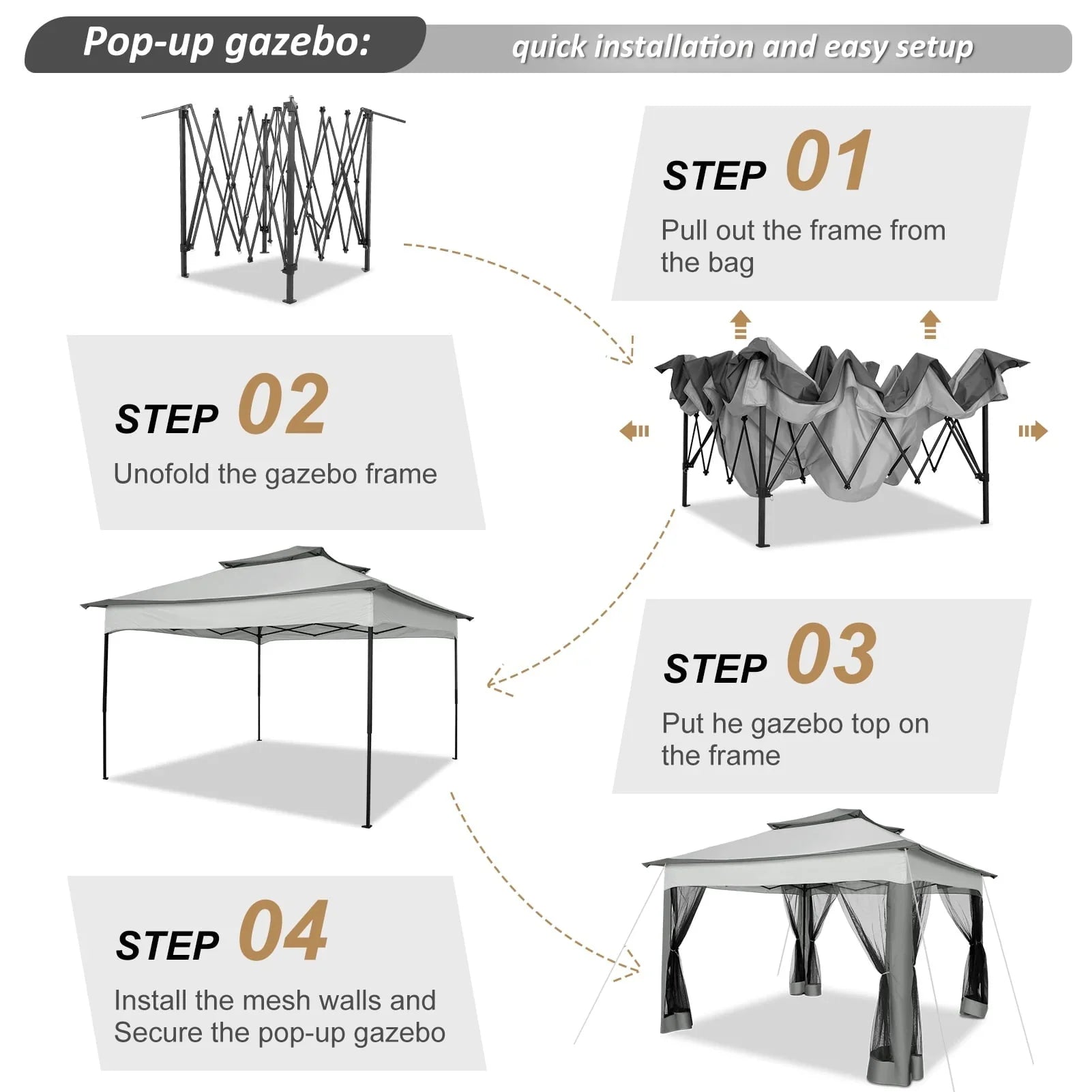 SANOPY 11 x 11 ft Outdoor Patio Gazebo with Ventilated Double Roof and Mosquito Net, Pop up Steel Gazebo Tent for Patios, Backyard, Garden and Beach