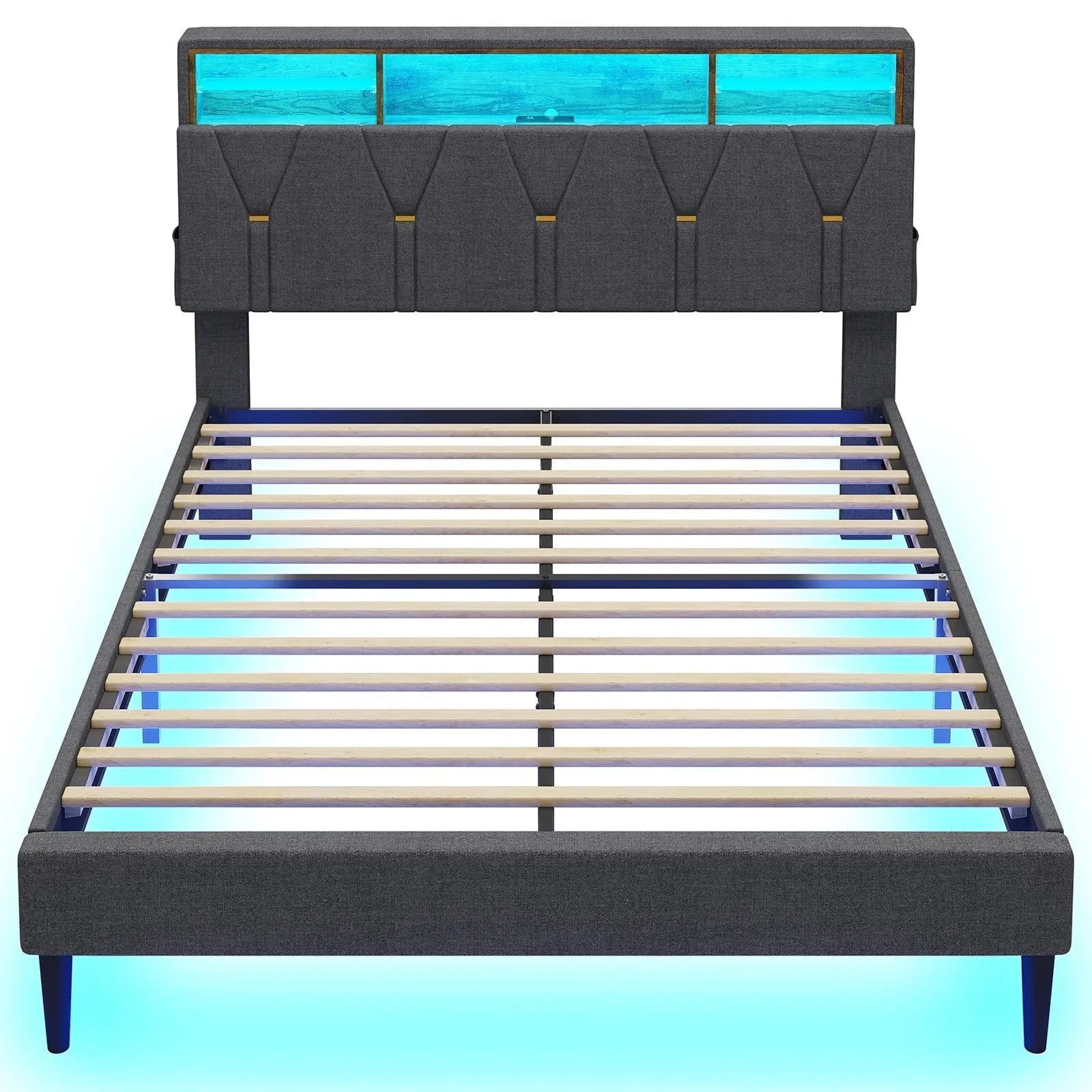 Tiptiper Queen Size Bed Frame with LED Lights, Platform Bed Frame with Bookcase Headboard, LED Bed Frame with Outlets and USB Ports, Upholstered Bed with Hidden Storage, Dark Gray
