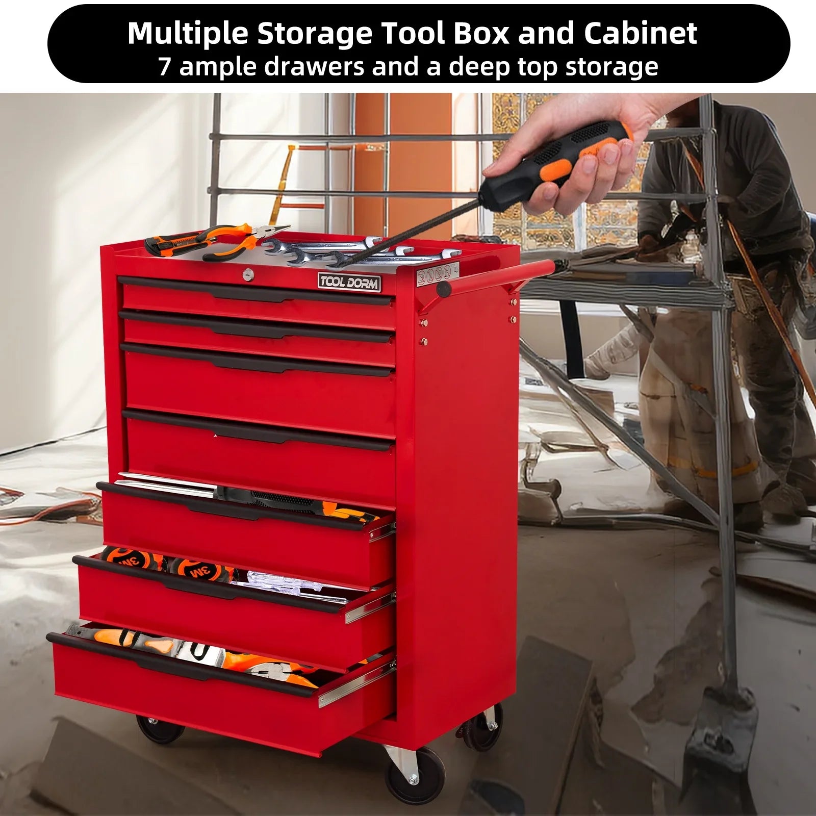 Tool Cabinet Tool Cart 24.2inch with 7 Drawers and Wheels, Metal Rolling Tool Box Locked Drawers Storage Organizer Cabinet for Garage, Warehouse, Repair Shop, Workshop, Brand