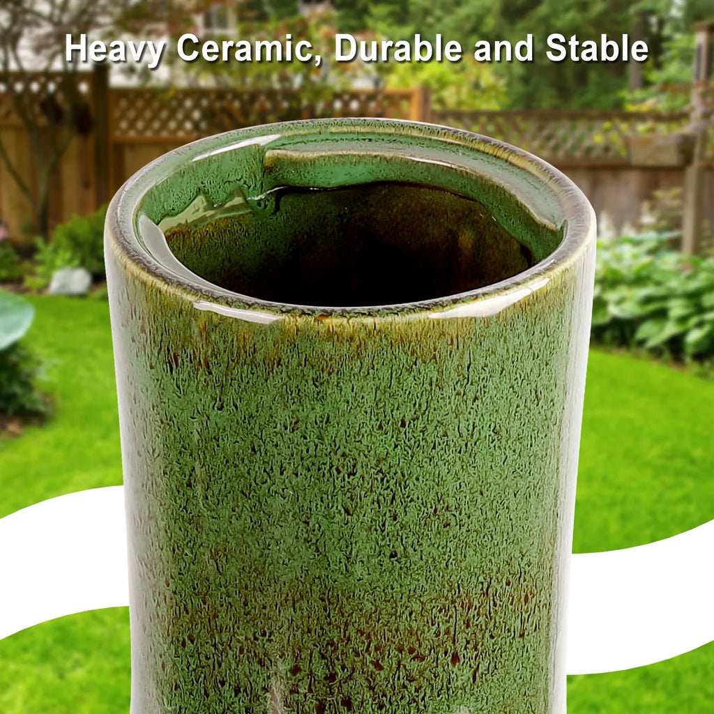 BUYMAX Tall Ceramic Bird Bath for Garden, UV-Resistant, Diamond Blue Grey