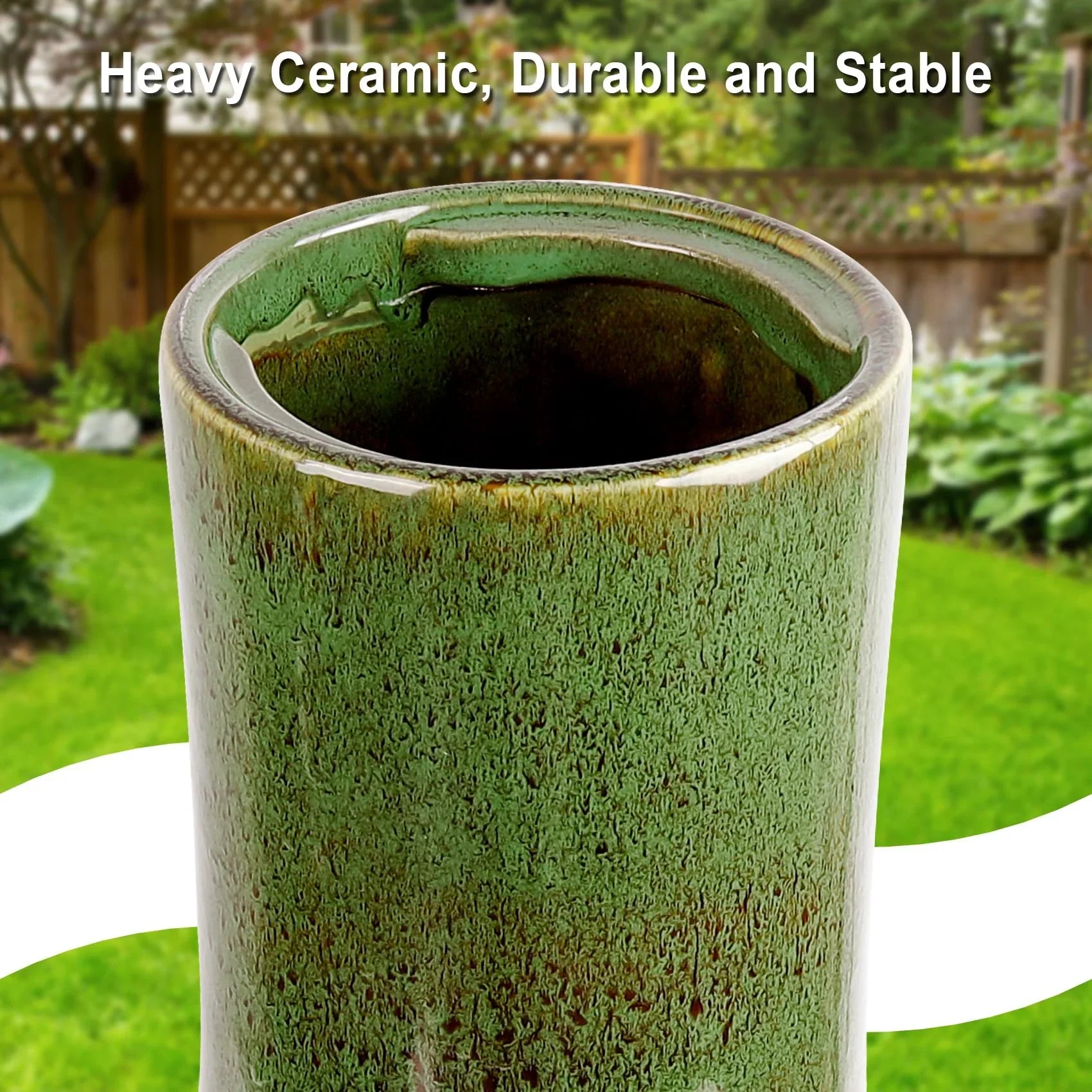 BUYMAX Tall Ceramic Bird Bath for Garden, UV-Resistant, Diamond Blue Grey