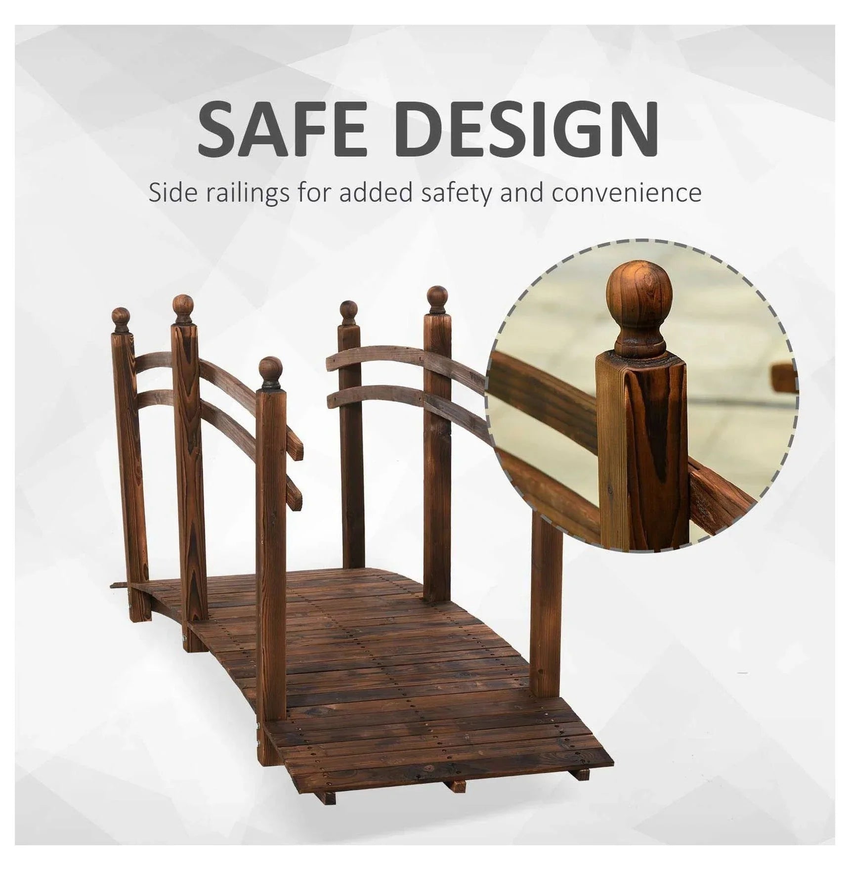 Fir Wood Garden Bridge 7.5ft - Arched Outdoor Footbridge with Railings