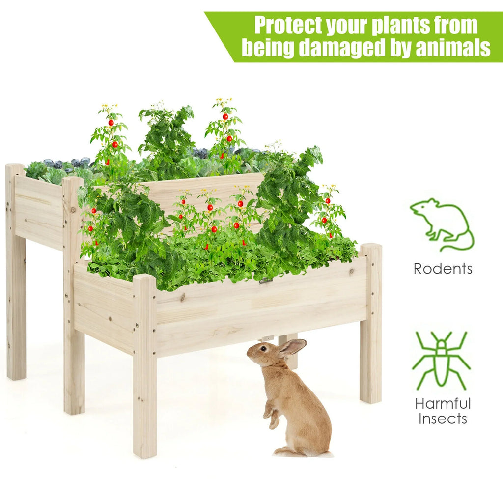 Gymax 2 Tier Wooden Raised Garden Bed Elevated Planter Box w/Legs Drain Holes