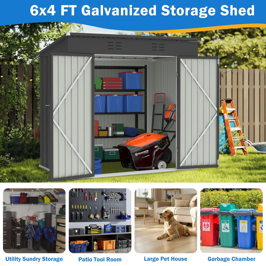 Sesslife 6x4 ft Outdoor Metal Steel Storage Shed with Sliding Roof & Lockable Door for Backyard, Garden, Gray