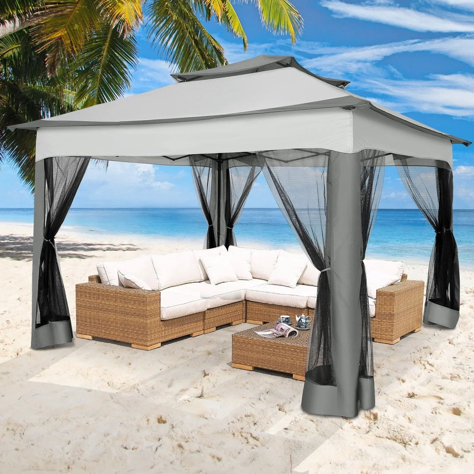 SANOPY 11 x 11 ft Outdoor Patio Gazebo with Ventilated Double Roof and Mosquito Net, Pop up Steel Gazebo Tent for Patios, Backyard, Garden and Beach