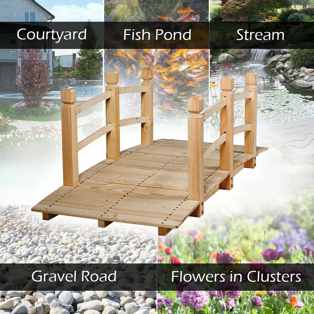 Costway 5' Wooden Garden Bridge Arc Stained Finish Footbridge Backyard Pond Decorative