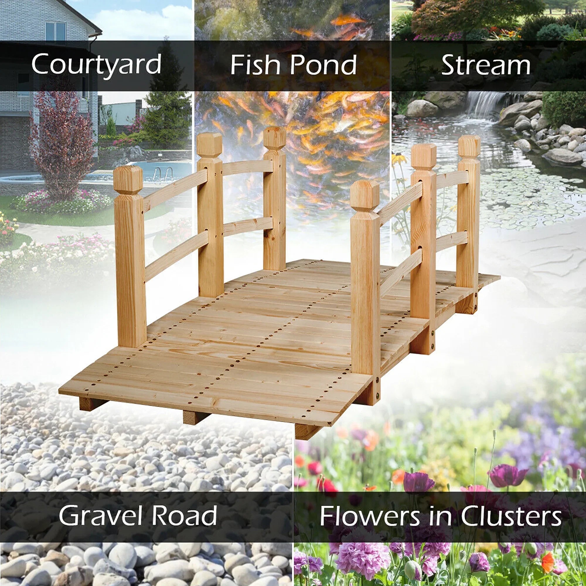 Costway 5' Wooden Garden Bridge Arc Stained Finish Footbridge Backyard Pond Decorative