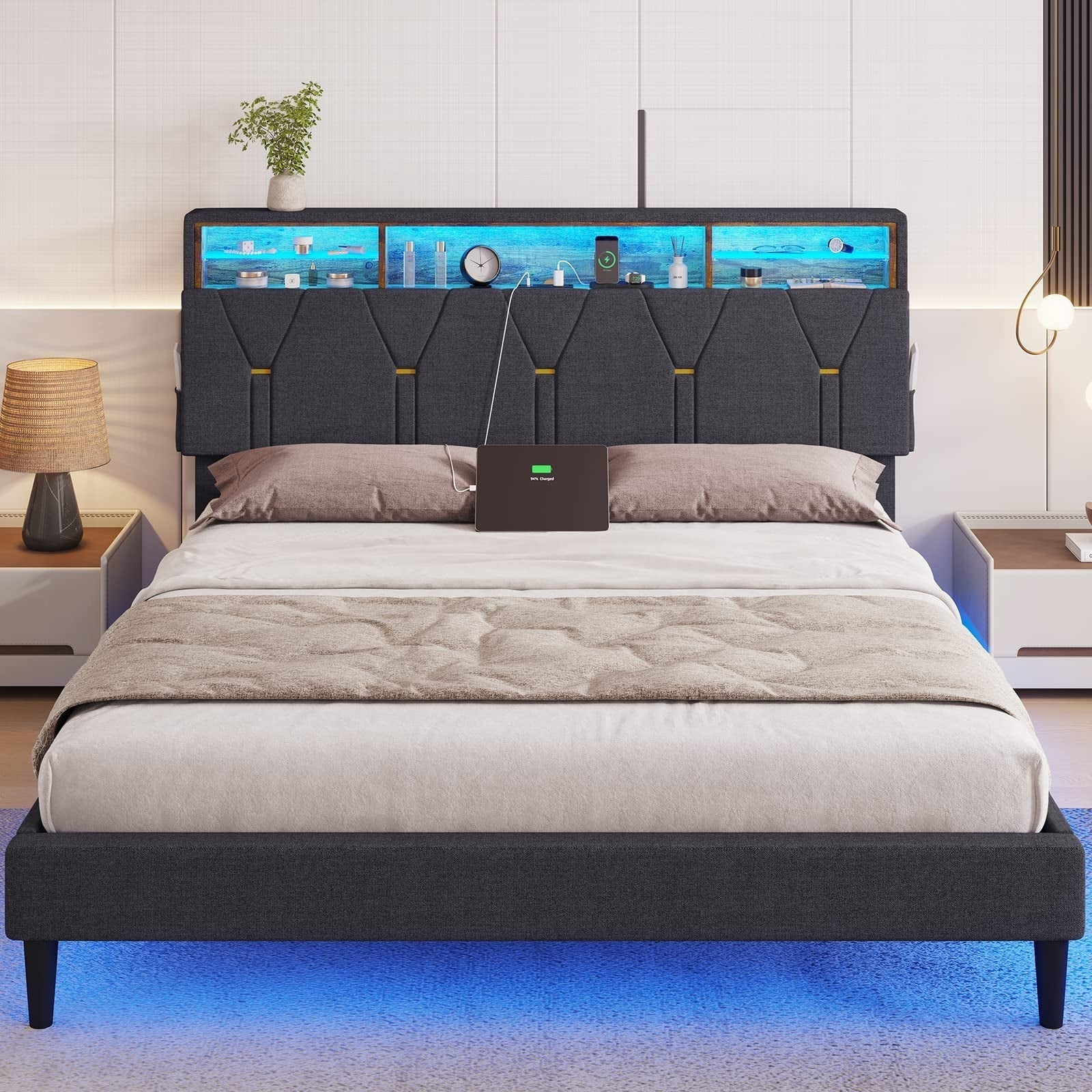Tiptiper Queen Size Bed Frame with LED Lights, Platform Bed Frame with Bookcase Headboard, LED Bed Frame with Outlets and USB Ports, Upholstered Bed with Hidden Storage, Dark Gray