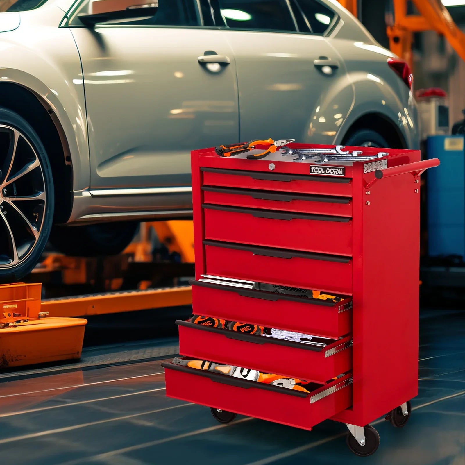 Tool Cabinet Tool Cart 24.2inch with 7 Drawers and Wheels, Metal Rolling Tool Box Locked Drawers Storage Organizer Cabinet for Garage, Warehouse, Repair Shop, Workshop, Brand