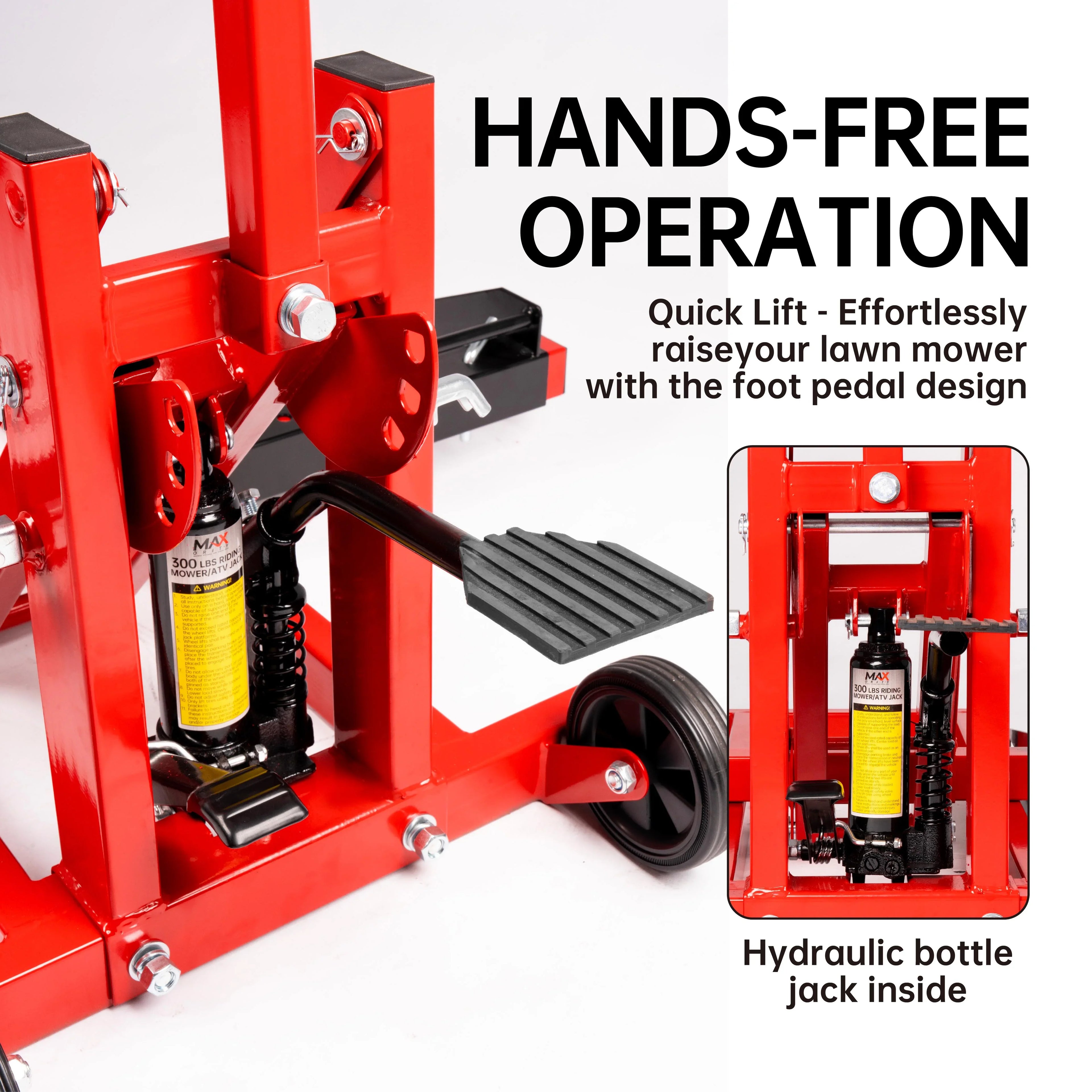 300lb Capacity, Adjustable Riding Lift Jack Heavy Duty Construction with Safety Lock, Non-Slip Wheels&Handle for Tractors, Atvs and Zero Turn Lawn Mowers