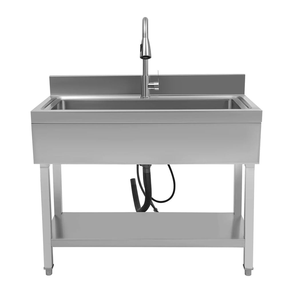 Loyalheartdy Stainless Steel Commercial Sink Freestanding Single High Capacity Utility Sinks with Pull-Out Faucet & Storage Shelf for Kitchen Laundry Room Garage Outdoor Garden 36 x 20 x 49