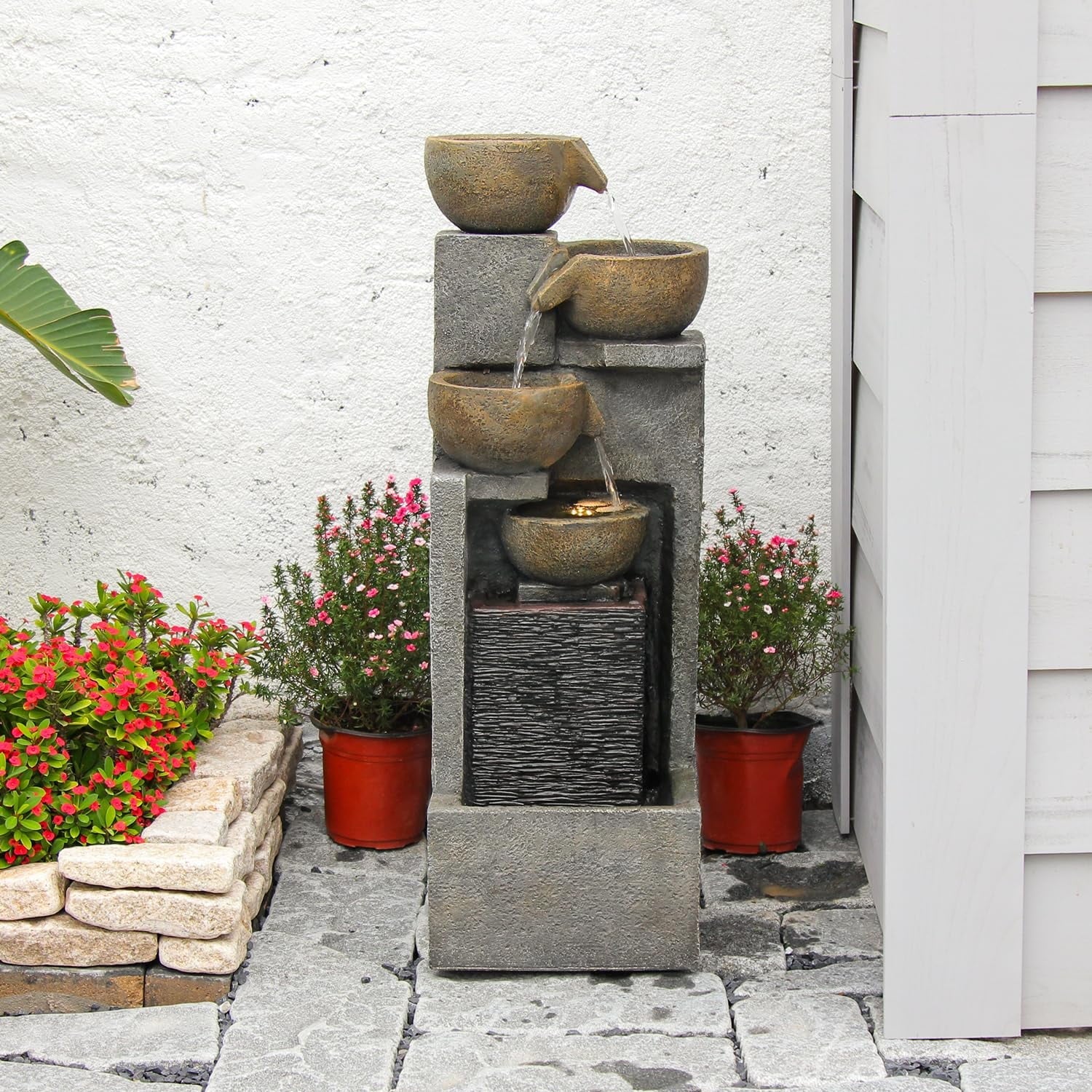 5-Tier Water Fountain Outdoor Garden Waterfall Fountains Indoor Bowl Cascading Water Feature with Led Lights for Home Deck Patio Porch Yard Decor 37.4 H