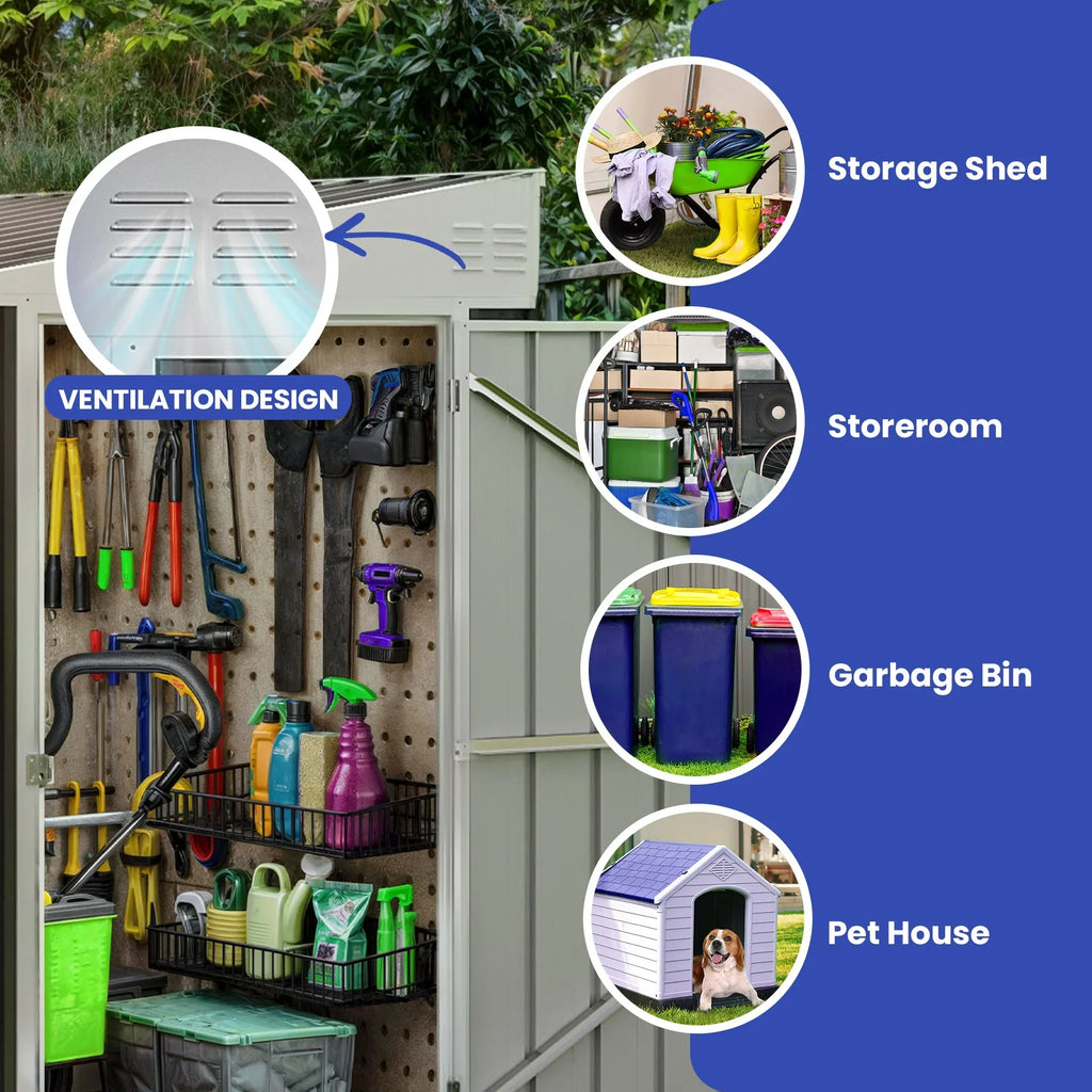 ModFusion 9x4 ft Outdoor Metal Storage Shed with Lockable Double Doors, Acrylic Glass Windows, Steel Roof, Garden Patio Bikes, Skylight, Dark Gray
