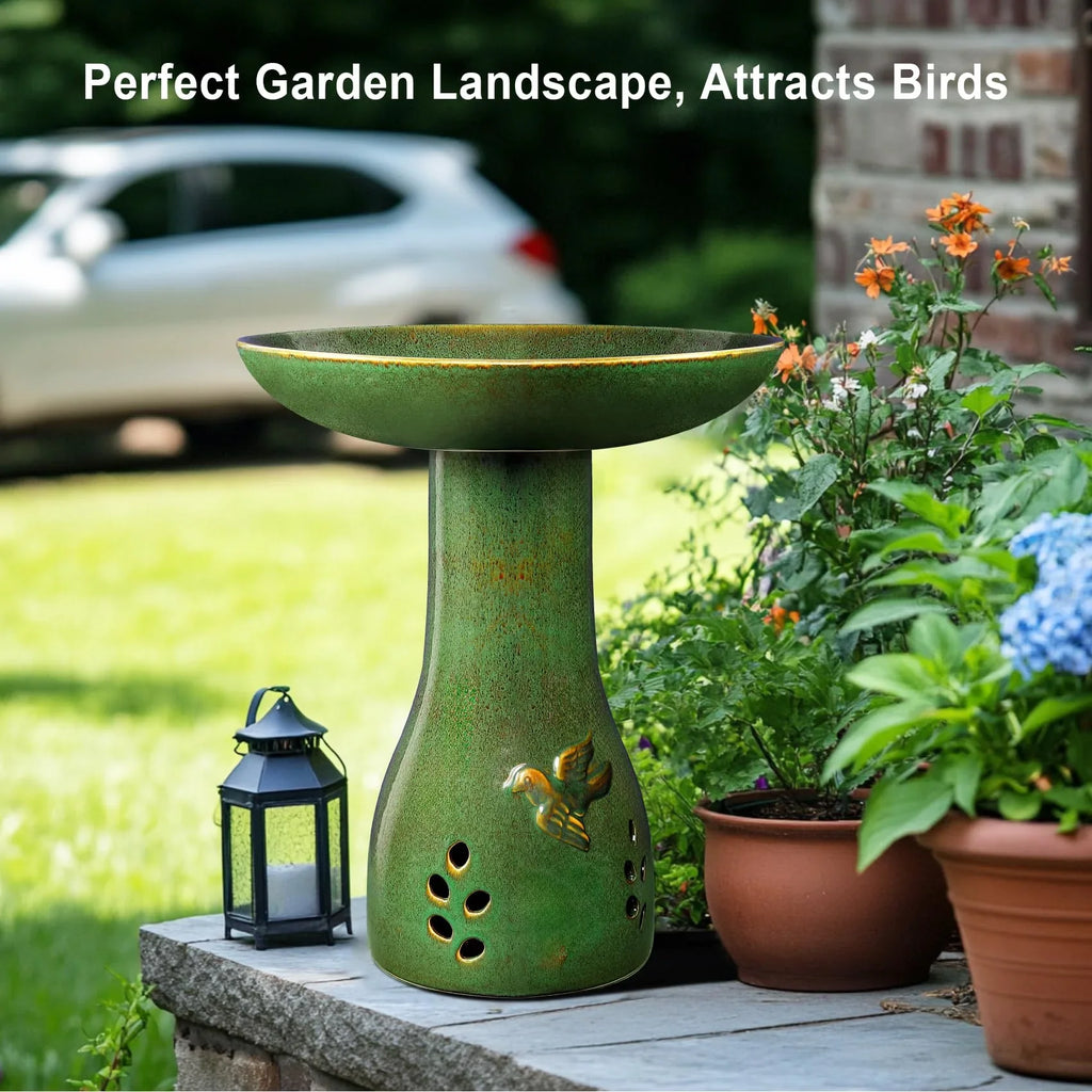 BUYMAX Tall Ceramic Bird Bath for Garden, UV-Resistant, Diamond Blue Grey