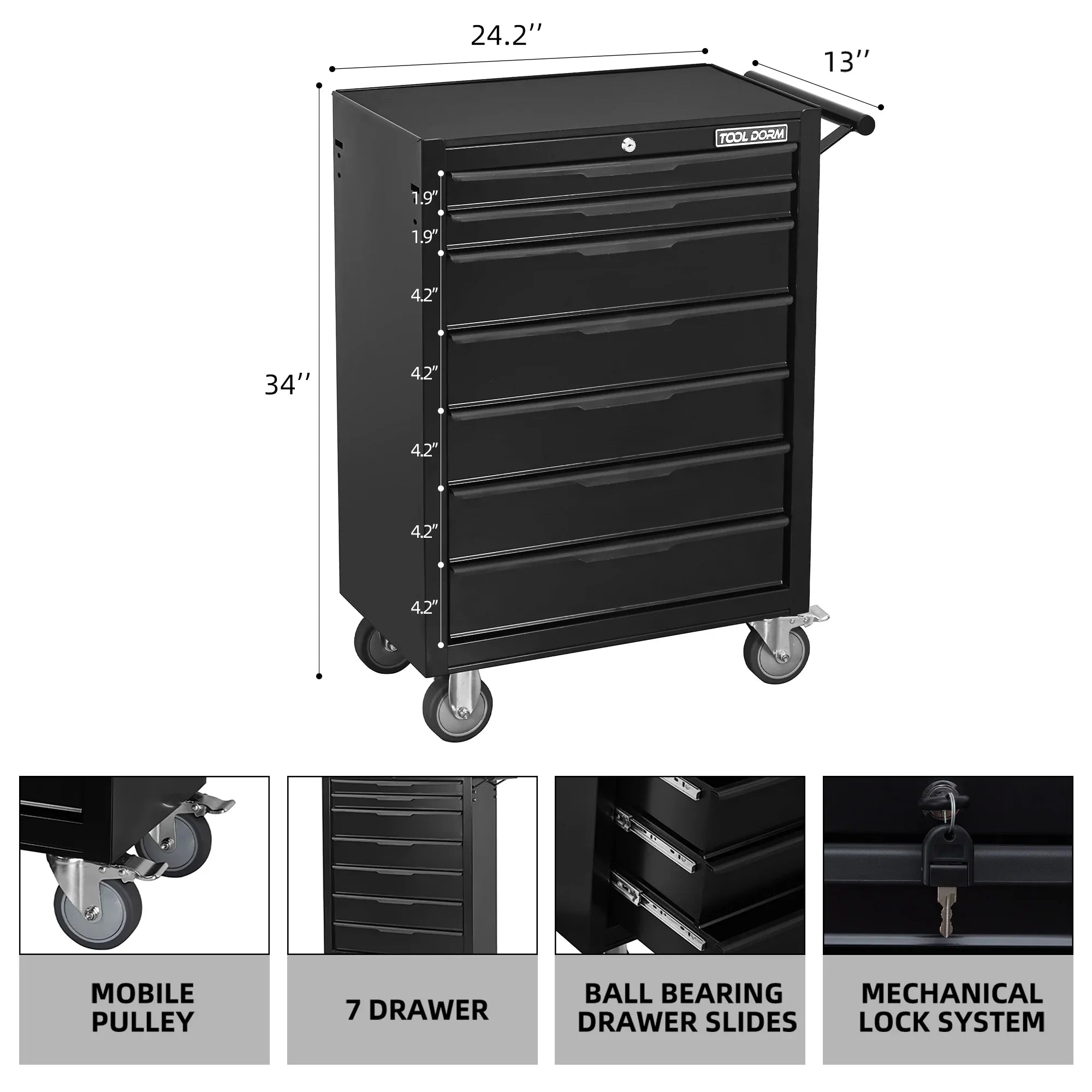 Tool Cabinet Tool Cart 24.2inch with 7 Drawers and Wheels, Metal Rolling Tool Box Locked Drawers Storage Organizer Cabinet for Garage, Warehouse, Repair Shop, Workshop, Brand