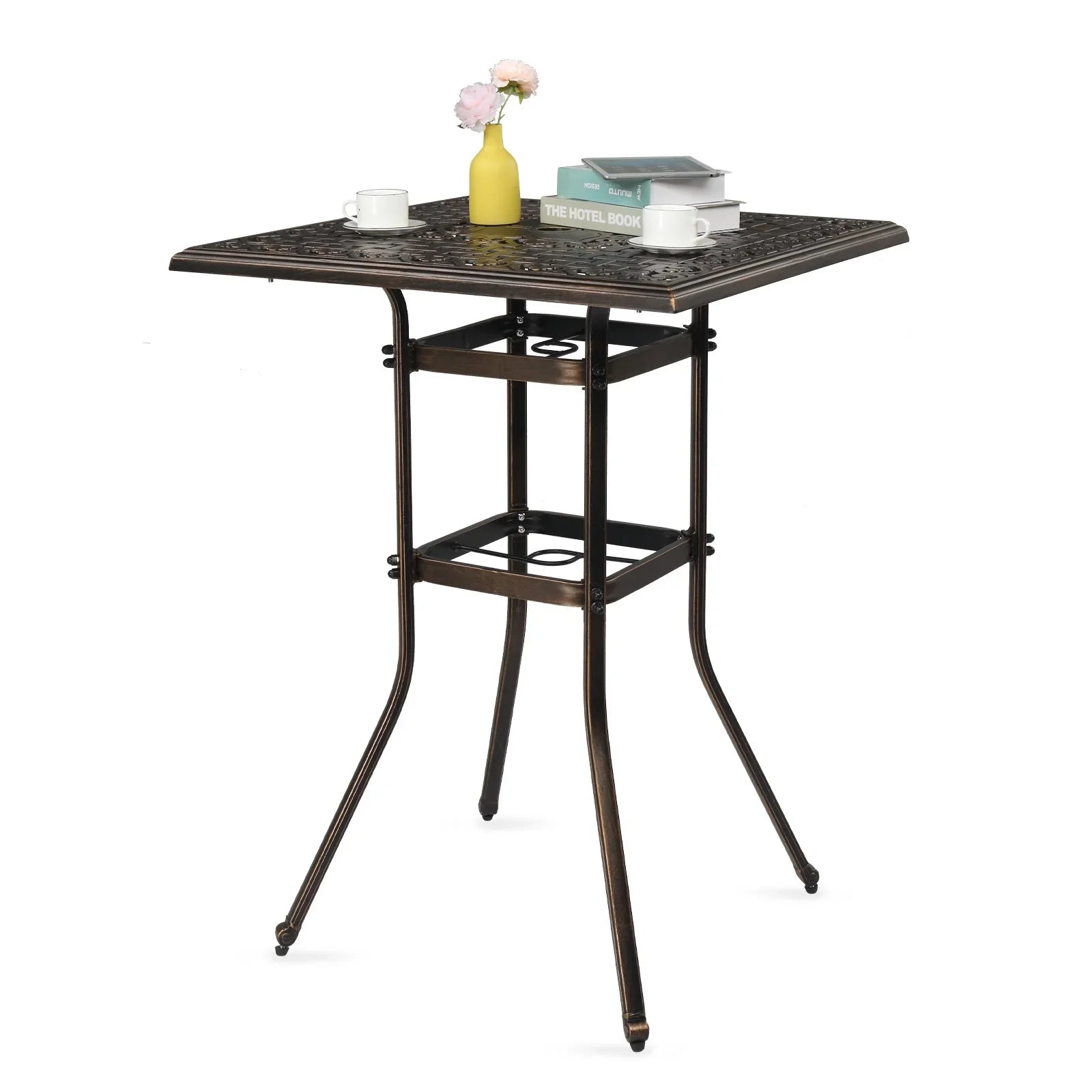 Ktaxon 31.5 Patio Bar Height Table, All-Weather Cast Aluminium Square Bar Bistro Table with 2 Umbrella Hole, Outdoor Tall Table for Porch Balcony Backyard Garden, Antique Bronze