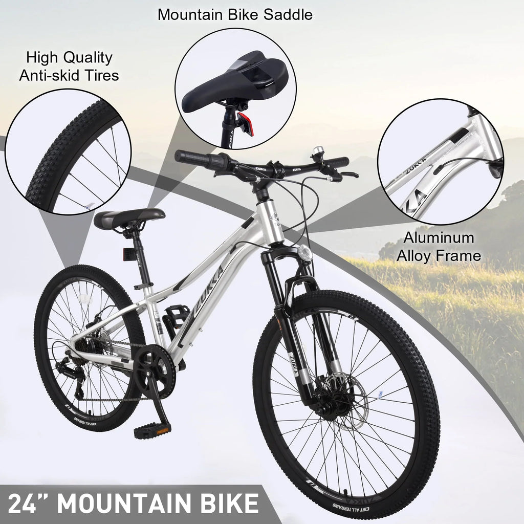 Meghna 7-Speed Mountain Bike for Girls Boys 24 inch Shimano Kids Bicycle Silver 9-12 Year Child