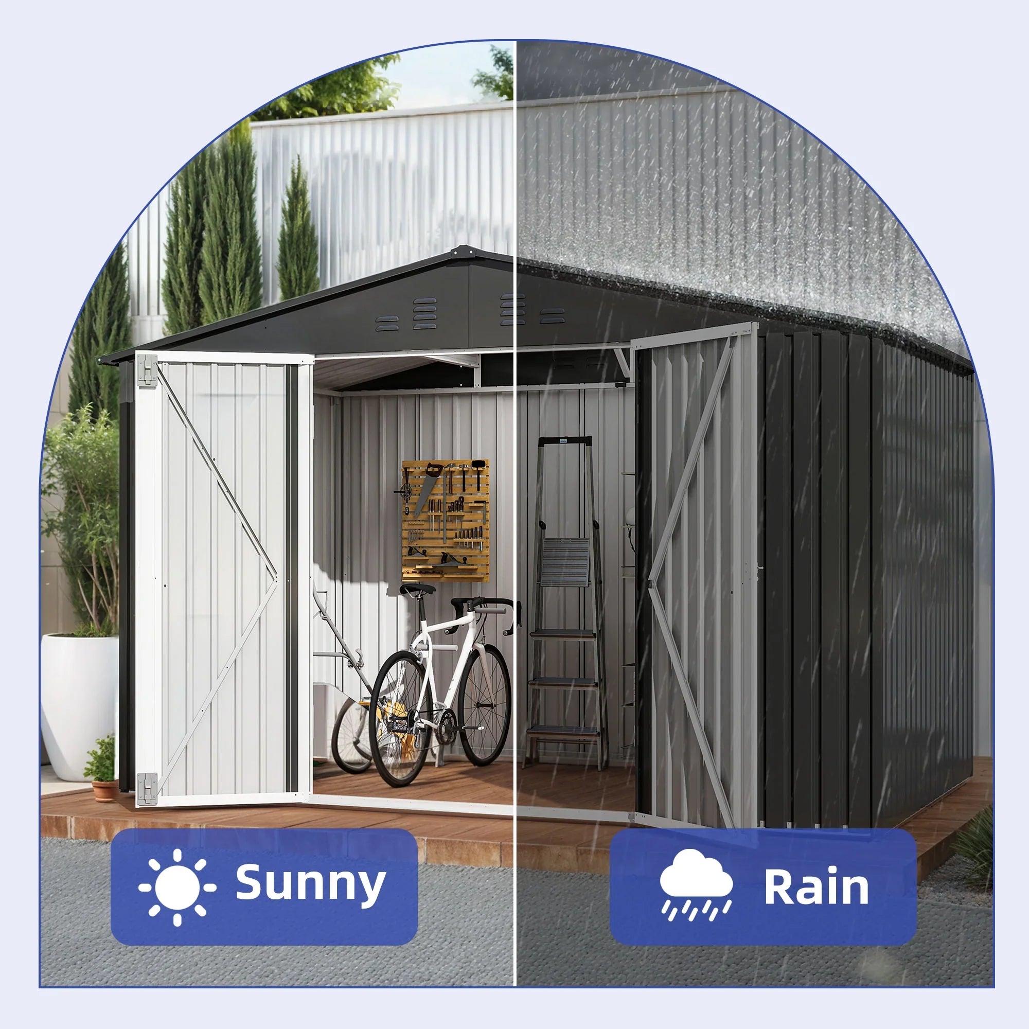 ModFusion 9x4 ft Outdoor Metal Storage Shed with Lockable Double Doors, Acrylic Glass Windows, Steel Roof, Garden Patio Bikes, Skylight, Dark Gray