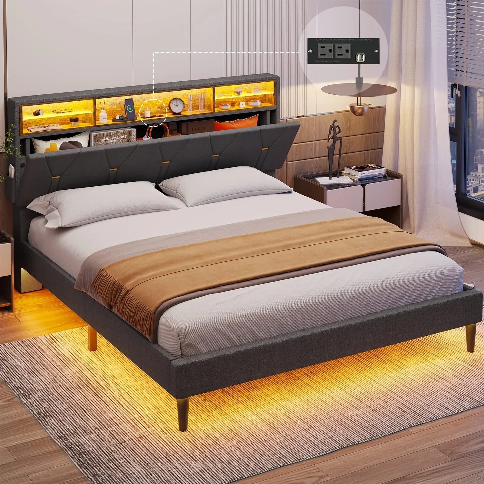 Tiptiper Queen Size Bed Frame with LED Lights, Platform Bed Frame with Bookcase Headboard, LED Bed Frame with Outlets and USB Ports, Upholstered Bed with Hidden Storage, Dark Gray