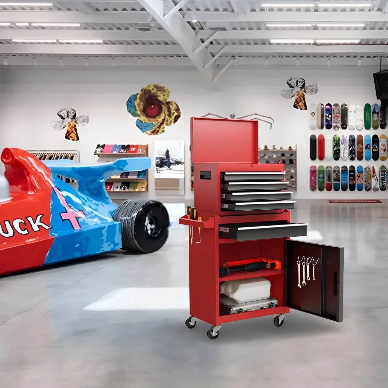 Heavy-Duty Metal Tool Storage Cabinet 5-Drawer Rolling with Detachable Top Box, Lockable Wheels & Adjustable Shelves, Secure Locking Mechanism, Space-Saving Design for Garage Workshop & Home Use