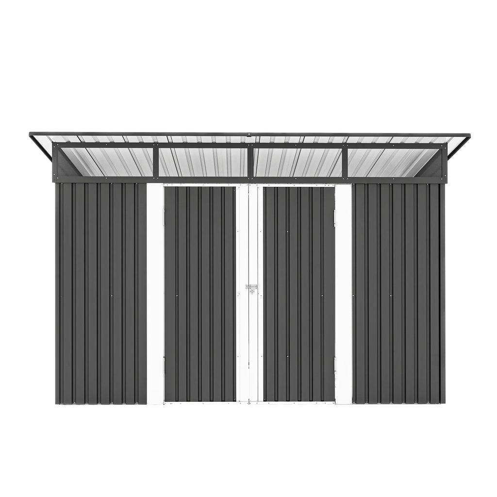 ModFusion 9x4 ft Outdoor Metal Storage Shed with Lockable Double Doors, Acrylic Glass Windows, Steel Roof, Garden Patio Bikes, Skylight, Dark Gray