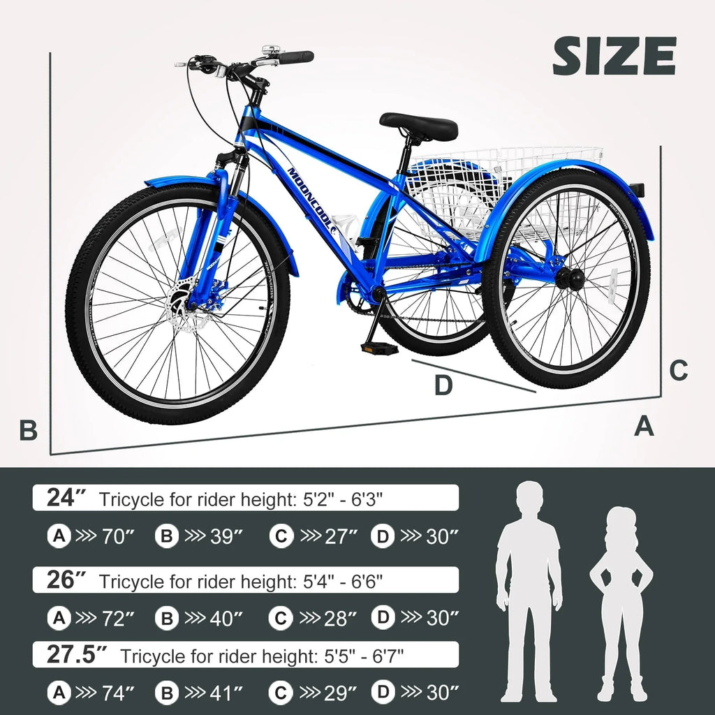 MOPHOTO 7 Speed 27.5 Adult Mountain Tricycle, Exercise Men's Women's Bicycle, 3 Wheel Cruiser Bike