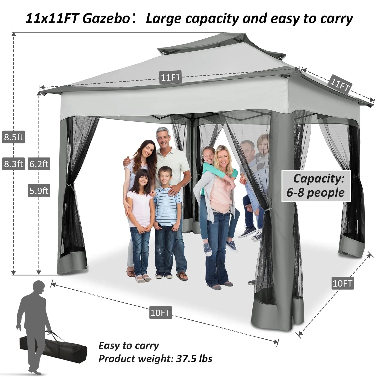SANOPY 11 x 11 ft Outdoor Patio Gazebo with Ventilated Double Roof and Mosquito Net, Pop up Steel Gazebo Tent for Patios, Backyard, Garden and Beach