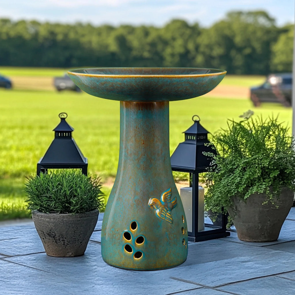 BUYMAX Tall Ceramic Bird Bath for Garden, UV-Resistant, Diamond Blue Grey