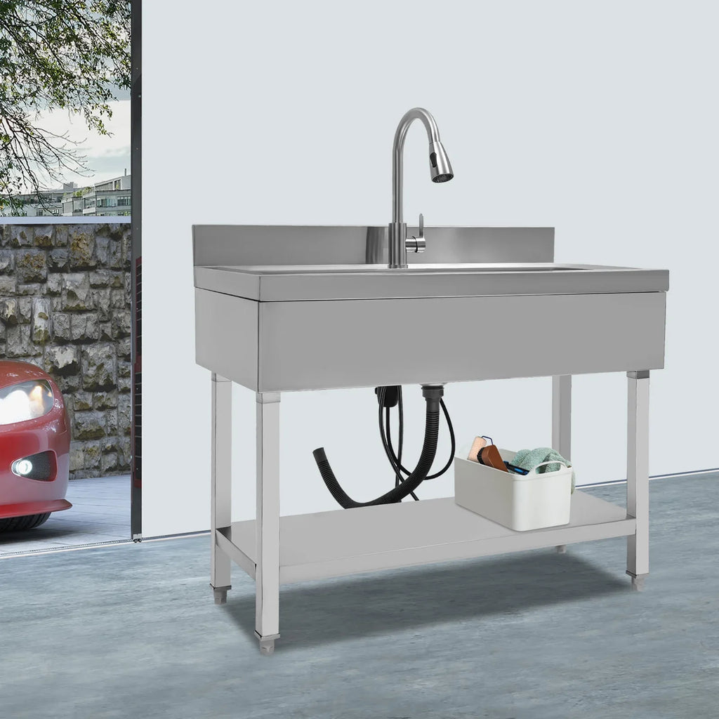 Loyalheartdy Stainless Steel Commercial Sink Freestanding Single High Capacity Utility Sinks with Pull-Out Faucet & Storage Shelf for Kitchen Laundry Room Garage Outdoor Garden 36 x 20 x 49