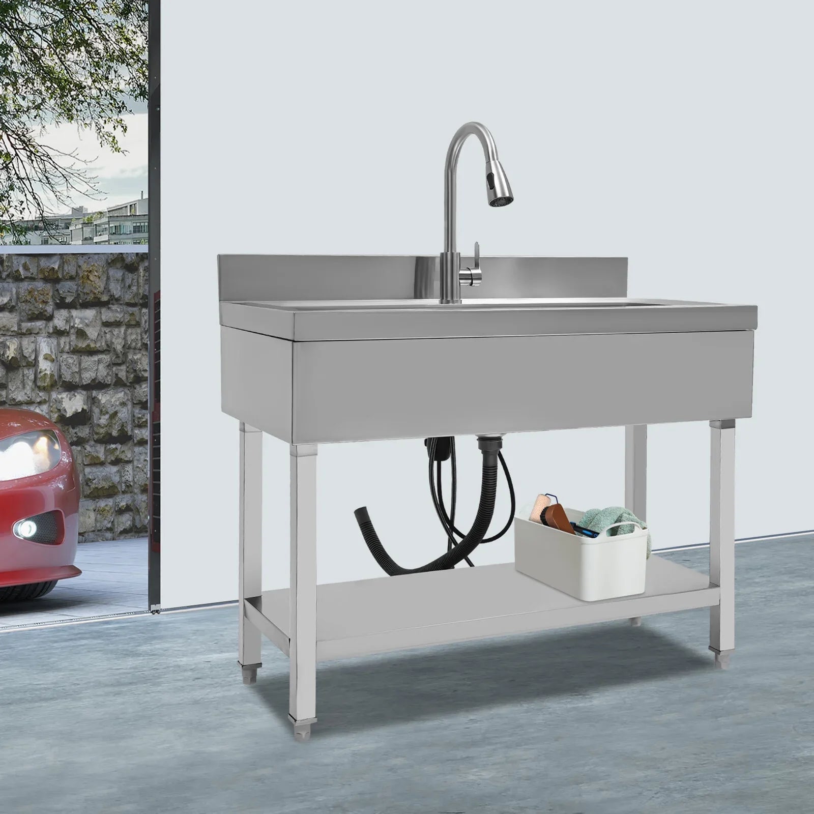 Loyalheartdy Stainless Steel Commercial Sink Freestanding Single High Capacity Utility Sinks with Pull-Out Faucet & Storage Shelf for Kitchen Laundry Room Garage Outdoor Garden 36 x 20 x 49