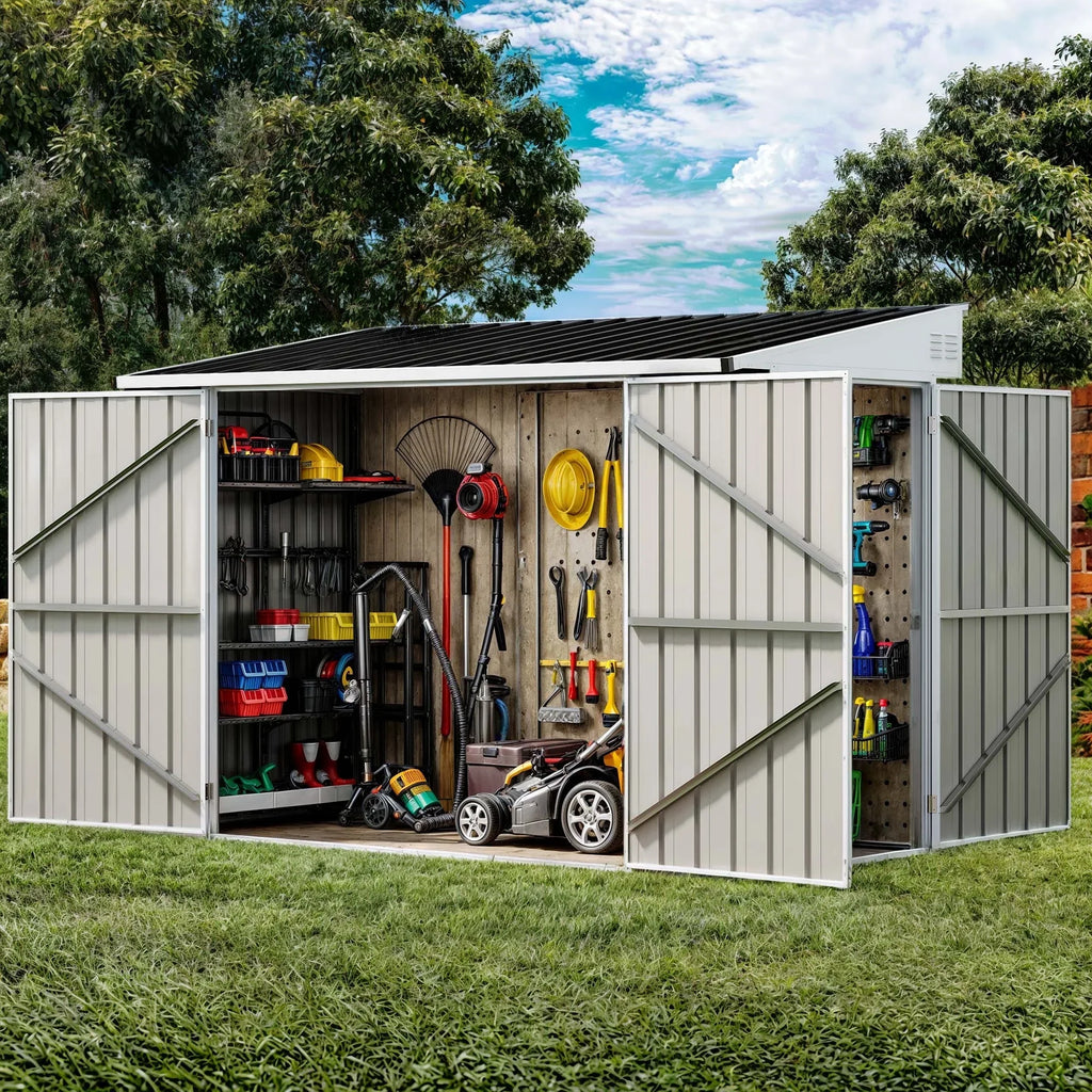 ModFusion 9x4 ft Outdoor Metal Storage Shed with Lockable Double Doors, Acrylic Glass Windows, Steel Roof, Garden Patio Bikes, Skylight, Dark Gray