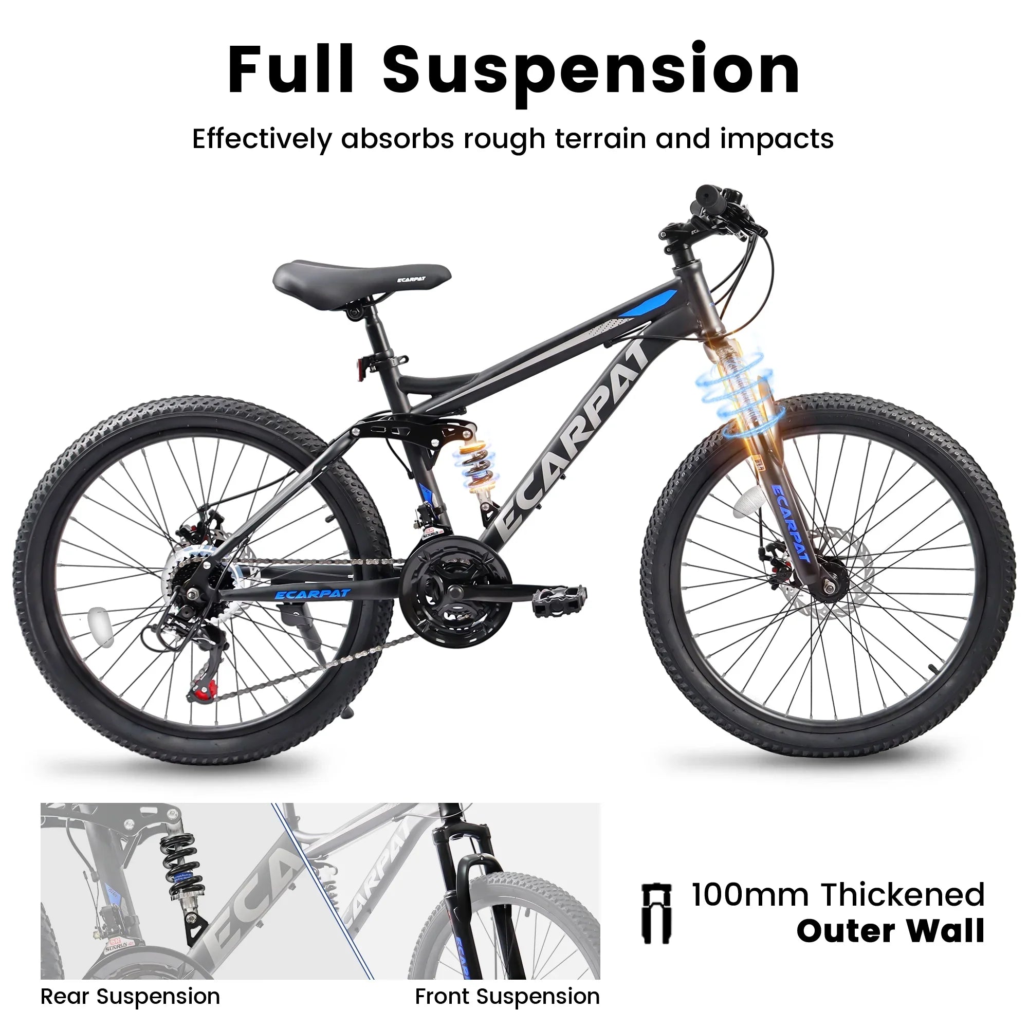 24 inch Dual/Front Suspension Mens Womens Mountain Bike,21 Speeds Dual Disc Brake,High-Carbon Steel Frame,Trail Beach Snow Commuter City Bikes,Black