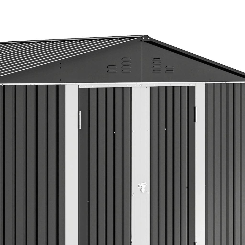 ModFusion 9x4 ft Outdoor Metal Storage Shed with Lockable Double Doors, Acrylic Glass Windows, Steel Roof, Garden Patio Bikes, Skylight, Dark Gray