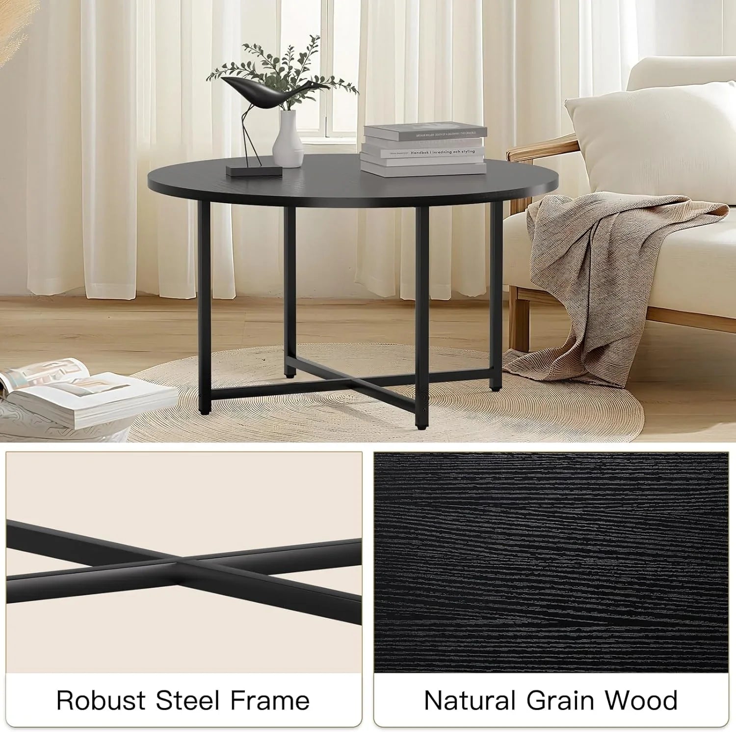 Round Coffee Table, 31.5 Circle Coffee Table��Roma Round Coffee Tables Living Room, Large Coffee Table Round for Indoor & Outdoor Use, Office, Patio or Garden, Large Gray(31.5 D x 17.7 H)
