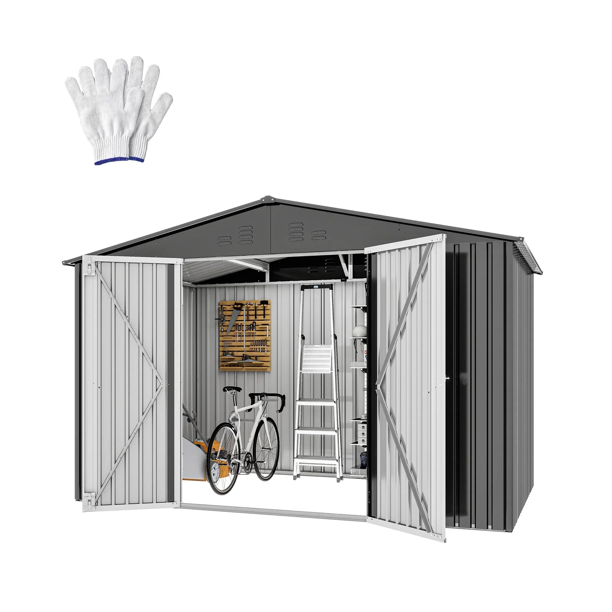 ModFusion 9x4 ft Outdoor Metal Storage Shed with Lockable Double Doors, Acrylic Glass Windows, Steel Roof, Garden Patio Bikes, Skylight, Dark Gray