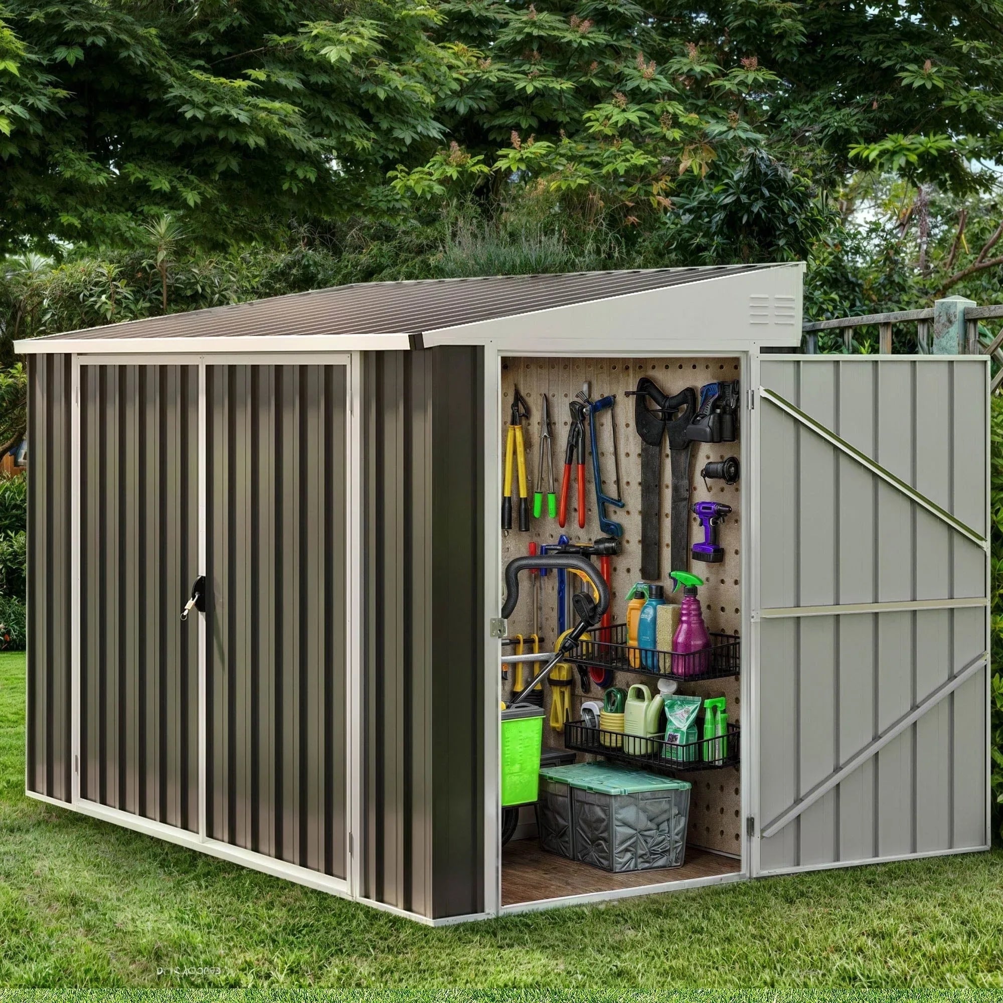 ModFusion 9x4 ft Outdoor Metal Storage Shed with Lockable Double Doors, Acrylic Glass Windows, Steel Roof, Garden Patio Bikes, Skylight, Dark Gray