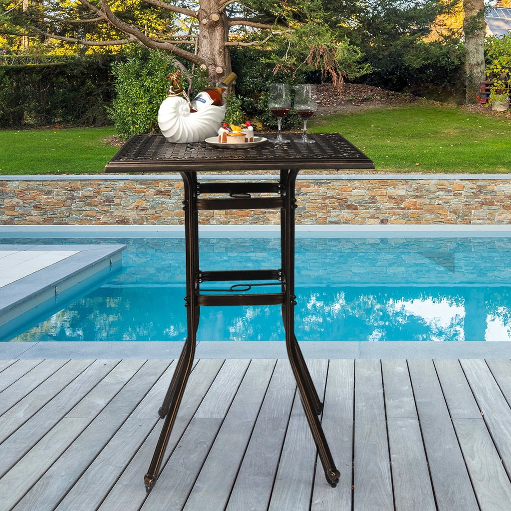 Ktaxon 31.5 Patio Bar Height Table, All-Weather Cast Aluminium Square Bar Bistro Table with 2 Umbrella Hole, Outdoor Tall Table for Porch Balcony Backyard Garden, Antique Bronze