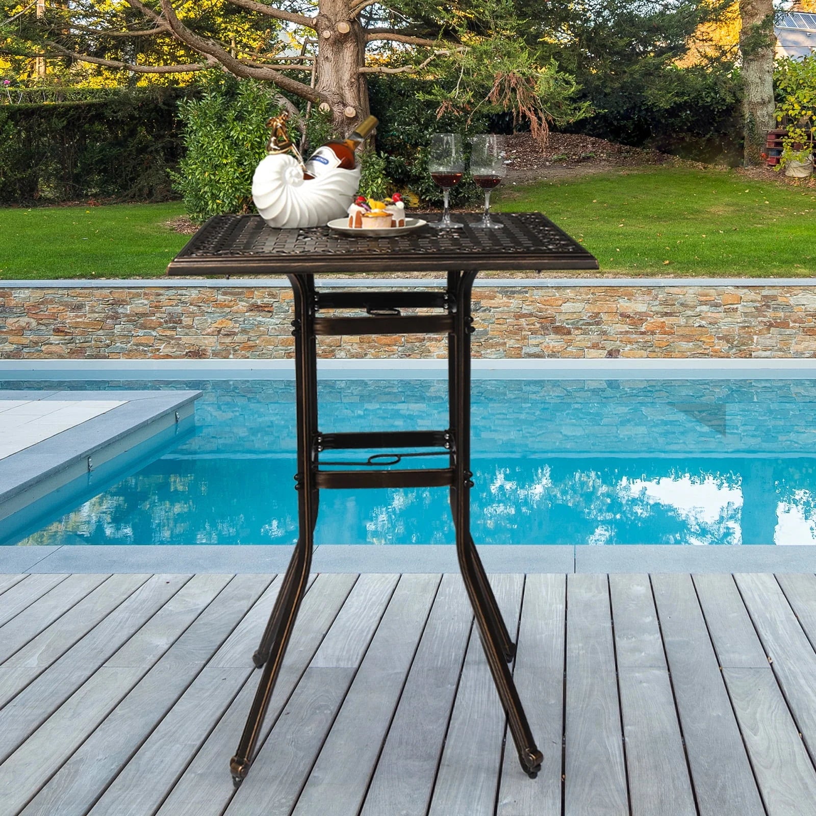Ktaxon 31.5 Patio Bar Height Table, All-Weather Cast Aluminium Square Bar Bistro Table with 2 Umbrella Hole, Outdoor Tall Table for Porch Balcony Backyard Garden, Antique Bronze