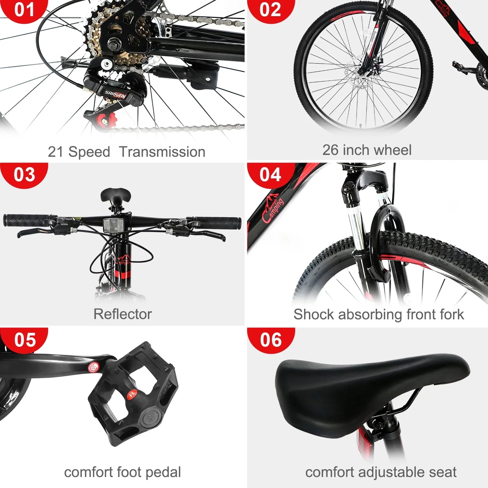 26-Inch Mountain Bike for Adults, 21-Speed Trail Bicycle with Dual Disc Brakes, Front Suspension, High-Carbon Steel Frame �C Red & Black | HUJHKIO Explorer Series