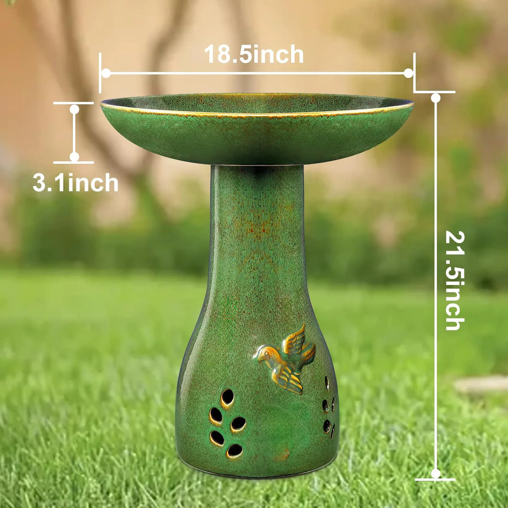 BUYMAX Tall Ceramic Bird Bath for Garden, UV-Resistant, Diamond Blue Grey