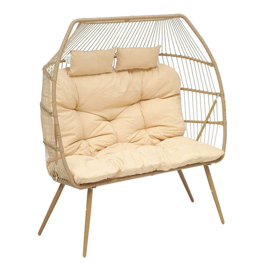 Uforic Beige Dual Egg Seat with Base, 2-Person Wicker Egg Chair for Indoor/Outdoor Patio Use with Cushions, Supports up to 510lbs, Perfect for Patio, Bedroom, Garden, and Balcony