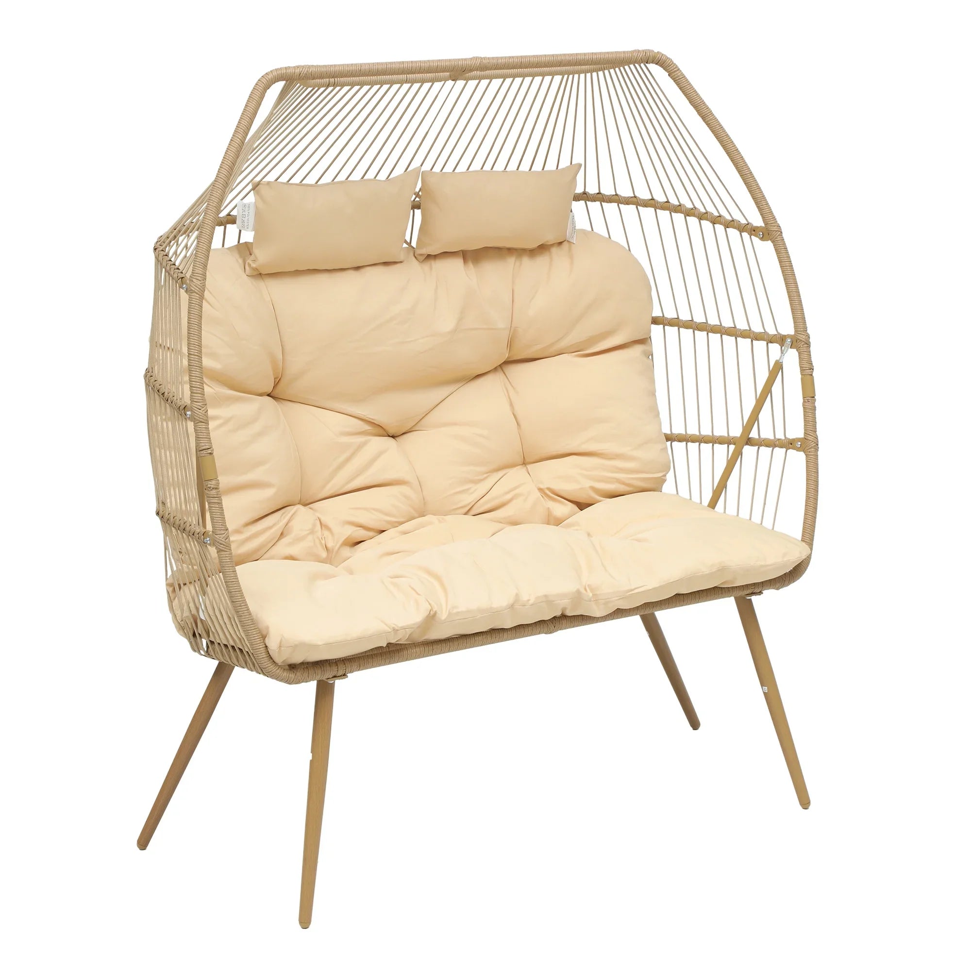 Uforic Beige Dual Egg Seat with Base, 2-Person Wicker Egg Chair for Indoor/Outdoor Patio Use with Cushions, Supports up to 510lbs, Perfect for Patio, Bedroom, Garden, and Balcony