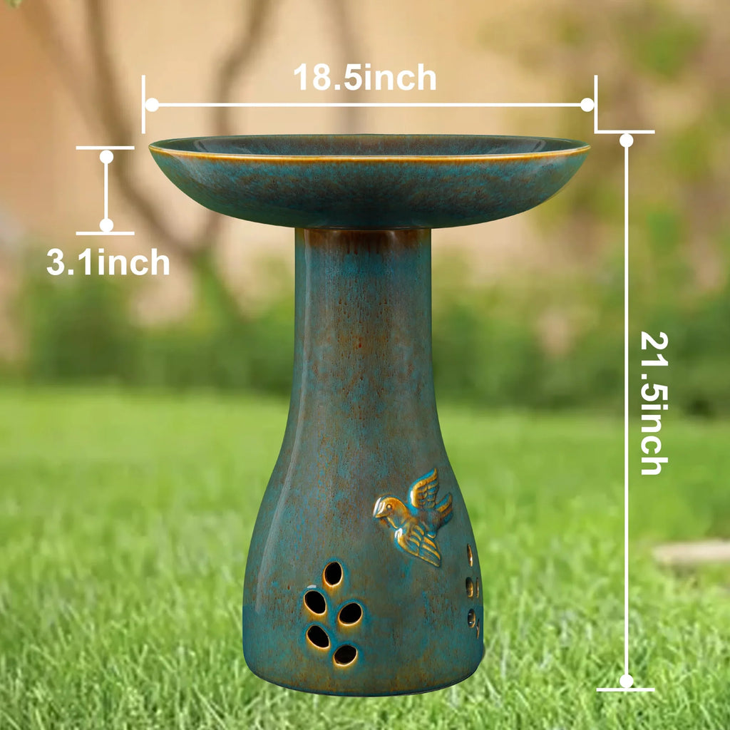 BUYMAX Tall Ceramic Bird Bath for Garden, UV-Resistant, Diamond Blue Grey