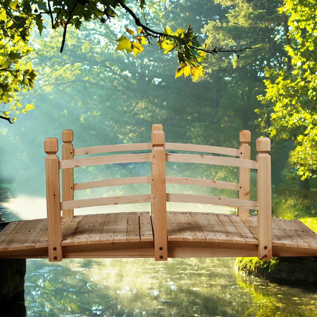 Costway 5' Wooden Garden Bridge Arc Stained Finish Footbridge Backyard Pond Decorative