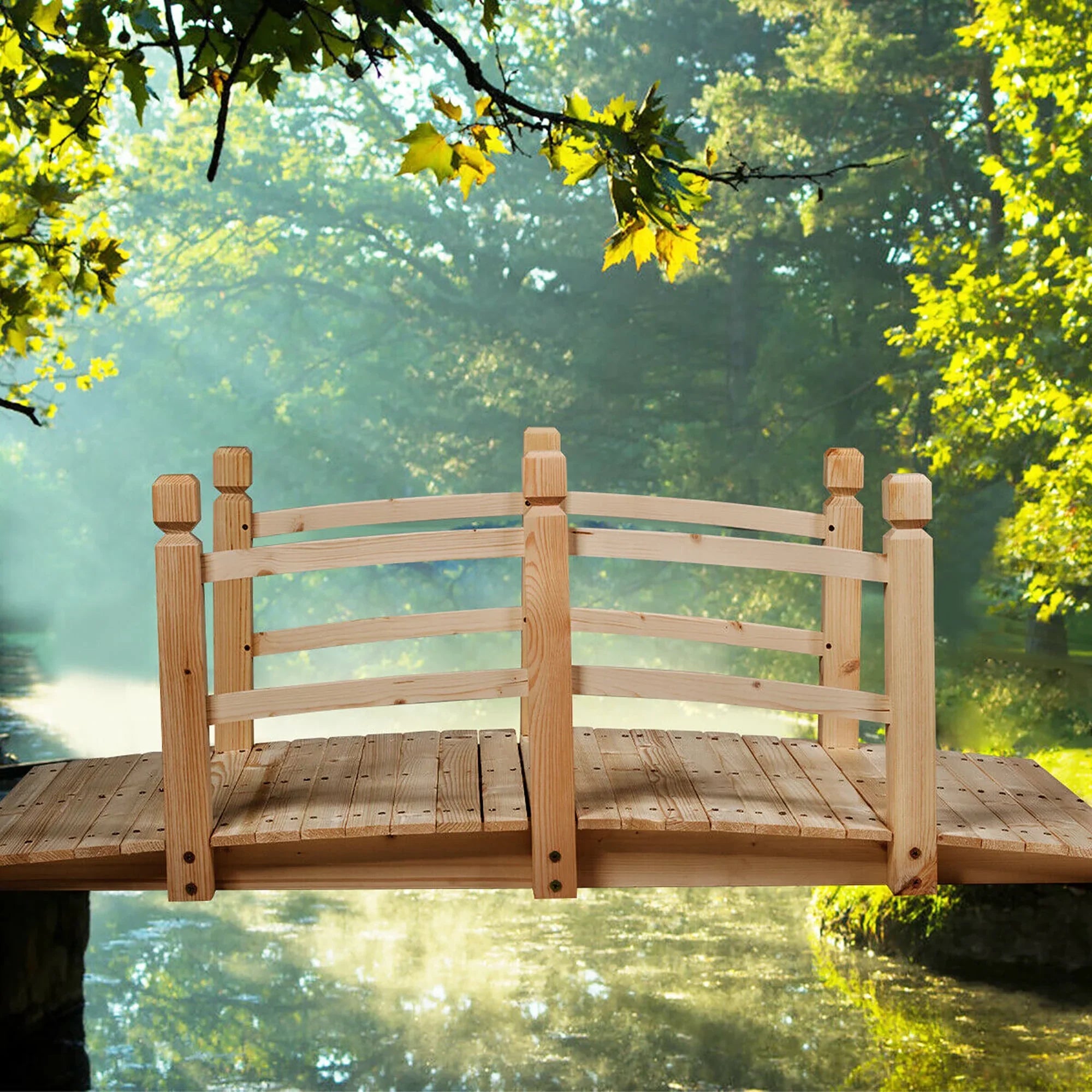 Costway 5' Wooden Garden Bridge Arc Stained Finish Footbridge Backyard Pond Decorative