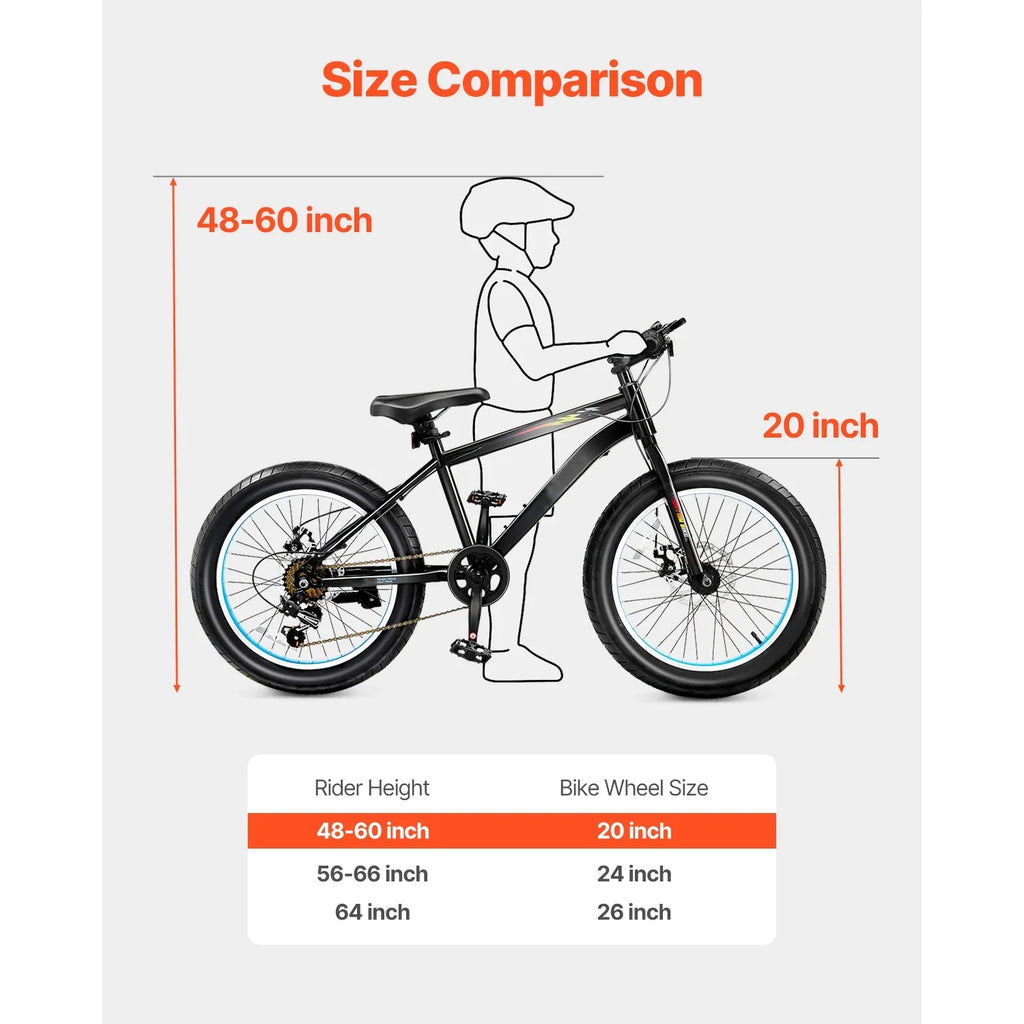 KFFKFF 20-Inch Mountain Bike, 7-Speed Twist Shifting, Comfortable Saddle, Dual Disc Brakes, Durable Steel Frame, Fat Tire Bicycle for Trail and Snow