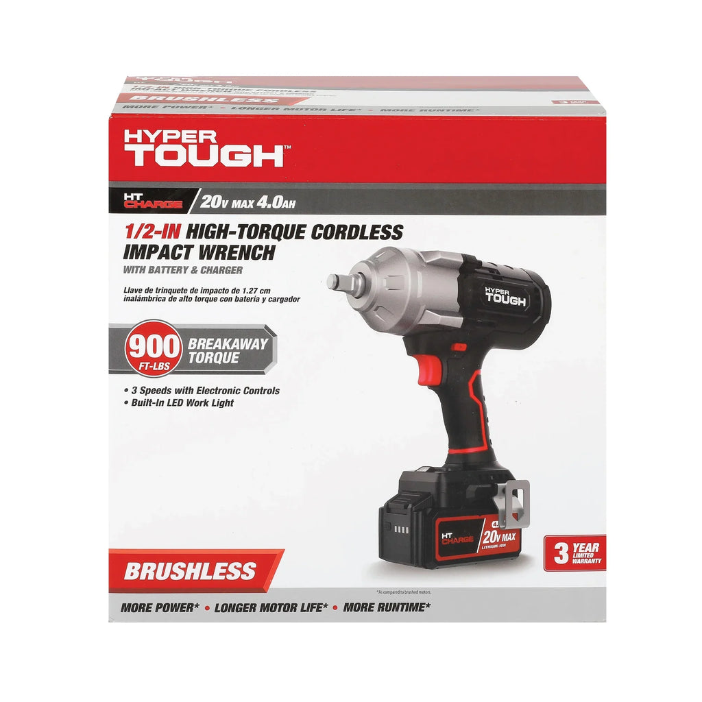 Hyper Tough 20V Max Brushless 1/2-inch High-Torque Cordless Impact Wrench with 4.0Ah Lithium-Ion Battery and Charger