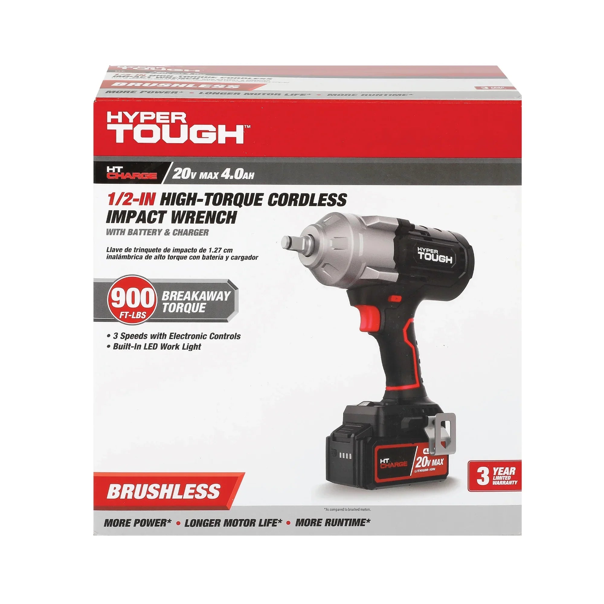 Hyper Tough 20V Max Brushless 1/2-inch High-Torque Cordless Impact Wrench with 4.0Ah Lithium-Ion Battery and Charger