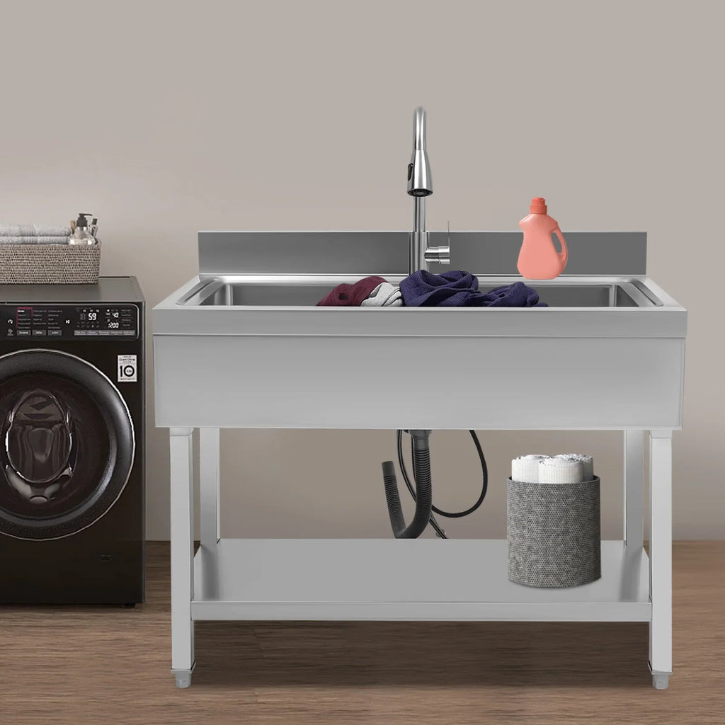 Loyalheartdy Stainless Steel Commercial Sink Freestanding Single High Capacity Utility Sinks with Pull-Out Faucet & Storage Shelf for Kitchen Laundry Room Garage Outdoor Garden 36 x 20 x 49