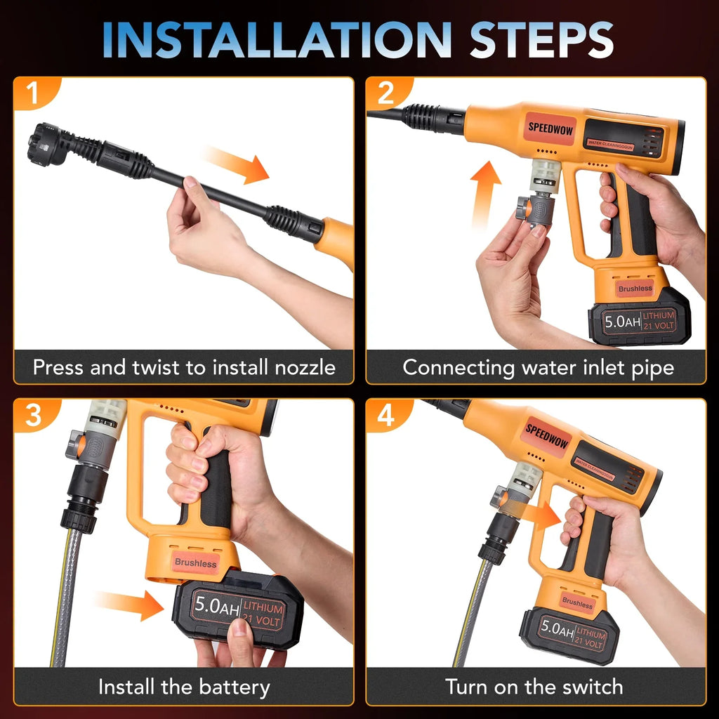 Filluck 1060PSI Cordless Pressure Washer, Portable Handheld High-Pressure Car Washer with 5.0Ah Long-Lasting Battery, 3-Speed Adjustable, 2.8GPM, 6-in-1 Nozzle for Car Cleaning/Garden/Floor